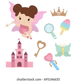 Fairy with magic design elements on white background.