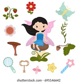 Fairy with magic design elements on white background.