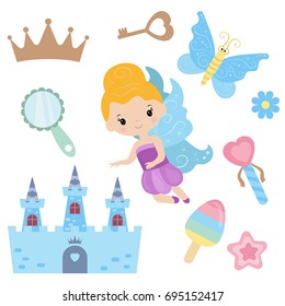 Fairy with magic design elements on white background.
