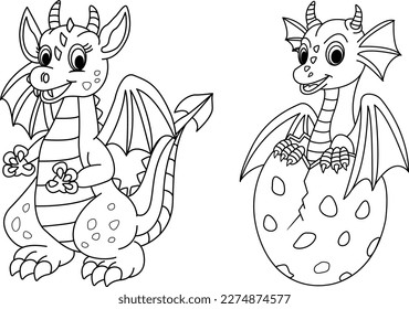 Fairy Magic Dragons for Coloring Pages. Vector Illustration of Cartoon Dragons with Wings and Tail