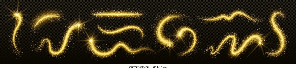 Fairy magic golden light trail with bright flash and star dust. Realistic vector curve wave line with flare and gold glitter and sparkles. Shine and glow tail from wand with particles and glow effect.