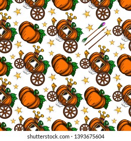 Fairy magic pattern with pumpkin carriages on a white background. Cartoon style.