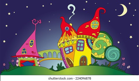 fairy magic play houses mushrooms under the moon and stars