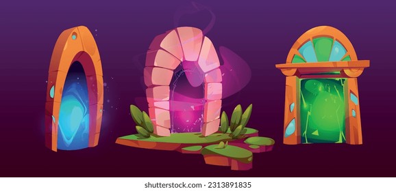 Fairy magic portal cartoon game vector set. Fantasy teleport door to parallel dimension. Wizard doorway kit with vortex energy aura for fantastic adventure illustration. Neon light in hole with steam