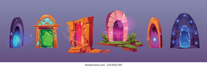 Fairy magic portal cartoon game vector set. Fantasy teleport door to parallel dimension. Wizard doorway kit with vortex energy aura for fantastic adventure illustration. Neon light in hole with steam