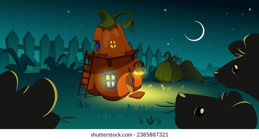 Pequeña casa mágica para los gnomos o elfos hechos de calabaza con puertas y luz en las ventanas por la noche. Ratones vectores de dibujos animados viendo fantasía lindo cuento o casa de juegos para pequeños habitantes en el patio trasero.