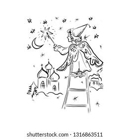 Fairy with a magic wand. Angel over the city. Night sky over the church. Graphic vintage linear drawing. Concept for religious holidays - Easter, Christmas. Biblical heavenly symbol of man with wings.