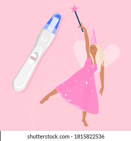 Fee mit Zauberstab, die um positive Schwangerschaftstests tanzt. Reproduction, baby Planning and müthood concept.Poster for Obstetrics and Gynecology Clinic.Ballerina oder Zauberkunst in glänzendem Kleid