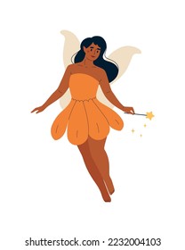 Fairy with a magic wand. Mythical fairy tale character. Flat vector illustration.