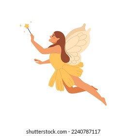 Fairy with a magic wand. Mythical fairy tale character. Flat vector illustration.