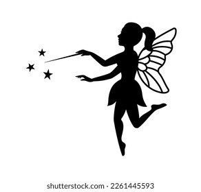 Fairy with a magic wand. Mythical tale character logo. Little creature with wings. Magical fairy in dress