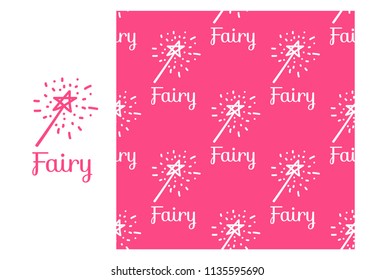 Fairy magic wand. Seamless repeating pattern isolated on pink background. Vector illustration. Modern Design for Girls