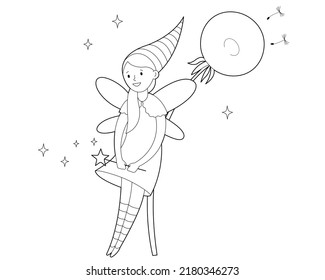 Fairy with  magic wand is standing by  dandelion.  Contour linear illustration for coloring book.   Coloring page for children. Vector illustration 