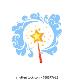 Fairy magic wand or stick with stars, clouds around, vector flat cartoon illustration isolated on white background