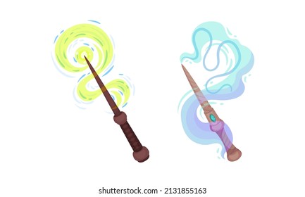 Fairy magic wands with green and blue smoke set. Fairy sticks casting spells cartoon vector illustration