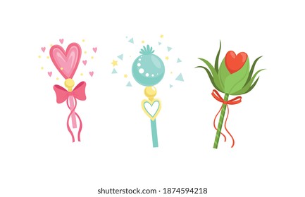 Fairy Magic Wands Set, Magical Sticks with Flowers Cartoon Vector Illustration