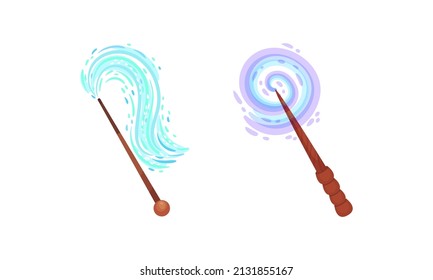 Fairy magic wands set. Fairy sticks wand casting spells cartoon vector illustration