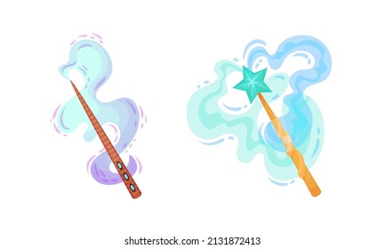 Fairy magic wands set. Fairy sticks with sparkles and smoke cartoon vector illustration