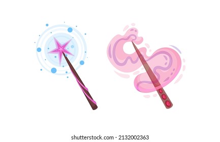 Fairy magic wands with sparkles set. Fairy sticks cartoon vector illustration