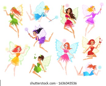 Fairy. Magical little fairies in different color dresses with wings, mythological winged flying fairytale characters for kids book vector cartoon dance lady set