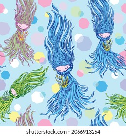 Fairy Magical Spirits of Light, cute Cartoon Characters holding a flame, assembled to compose a seamless repeat pattern