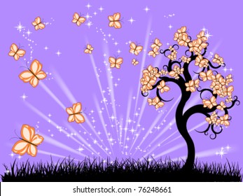 Fairy meadow with tree and butterflies
