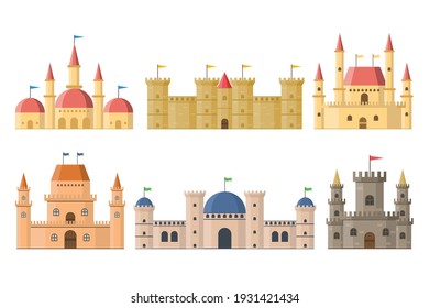 Fairy medieval castles and palaces with towers isolated from background vector illustration