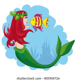 Fairy mermaid with the fish in the sea.
