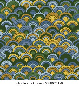 Fairy mermaid scales squama background, vector seamless fabric pattern, tiled textile print. Typical japanese squama scales seamless arc tiles graphics. Dragon skin pattern.