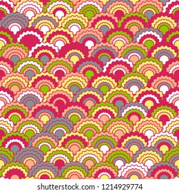 Fairy mermaid scales squama background, vector seamless fabric pattern, tiled textile print. Typical chinese squama scales seamless arc tiles mosaic. Textile pattern.