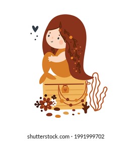 Fairy mermaid sitting on a treasure chest. Cute little mermaid with long hair and fish tail, undersea world. Positive cartoon illustration for kids. Ideal for nursery prints, room decoration, cards