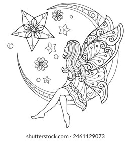 Fairy and moon hand drawn for adult coloring book