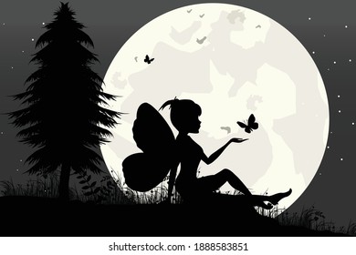fairy and moon silhouette, simple vector illustration design