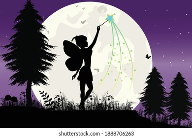 fairy and moon silhouette, simple vector illustration design