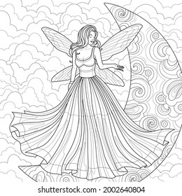 
Fairy in the moon.Coloring book antistress for children and adults. Illustration isolated on white background.Zen-tangle style. Hand draw