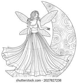 
Fairy in the moon.Coloring book antistress for children and adults. Illustration isolated on white background.Zen-tangle style.