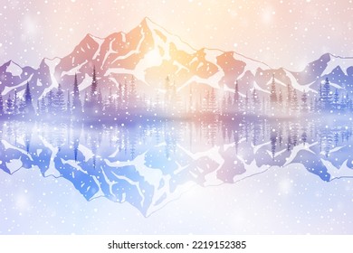 Fairy mountains are reflected in the water, winter landscape, snowfall and bokeh effect