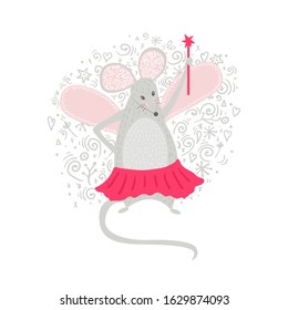 Fairy mouse with magic wand. Cool animal illustration for nursery t-shirt, kids apparel, birthday card, invitation.