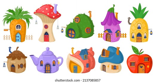 Fairy mushroom house, cartoon fairytale tiny forest house. Fairytale plants, gnomes or hobbit houses vector illustration set. Fantasy cute buildings. Mushroom colorful cartoon magical svg