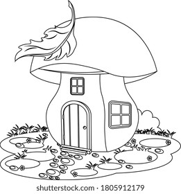 Fairy mushroom house in a clearing coloring book. Vector illustration of a house of small creatures.