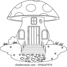 Fairy mushroom house in a clearing coloring book. Vector illustration of a house of small creatures.