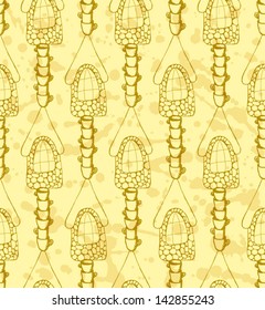 Fairy mushroom house and cups, vector seamless pattern