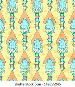 Fairy mushroom house and cups, vector seamless pattern