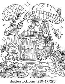 Fairy mushroom house with flowers in the garden for coloring book