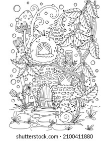 Fairy Mushroom House in the garden for coloring book