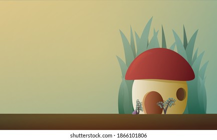 Fairy mushroom house in the grass with copy space. Vector illustration