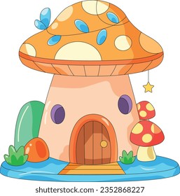 Fairy mushroom house isolated on background. Vector cartoon illustration of fantasy mushroom hut with wooden door, porch and windows. Forest gnome's house