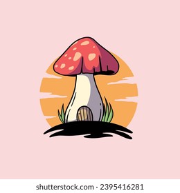 Fairy mushroom house isolated on background. Vector cartoon illustration of fantasy mushroom hut with wooden door.
