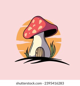 Fairy mushroom house isolated on background. Vector cartoon illustration of fantasy mushroom hut with wooden door.

