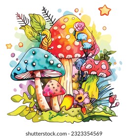 Fairy Mushroom House watercolor Clipart